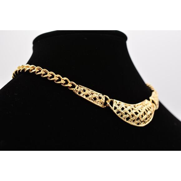 Vintage Chunky Collar Necklace Basket Weaved Cuban Chain Gold NOS 1980s Bin6A - Picture 5 of 12
